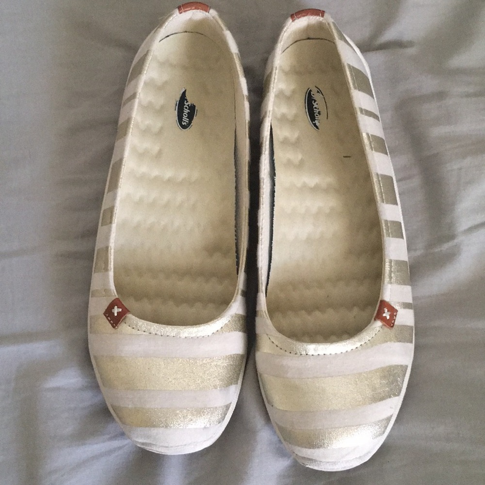 Dr. Scholls Cream/Gold striped Flats. Size 9